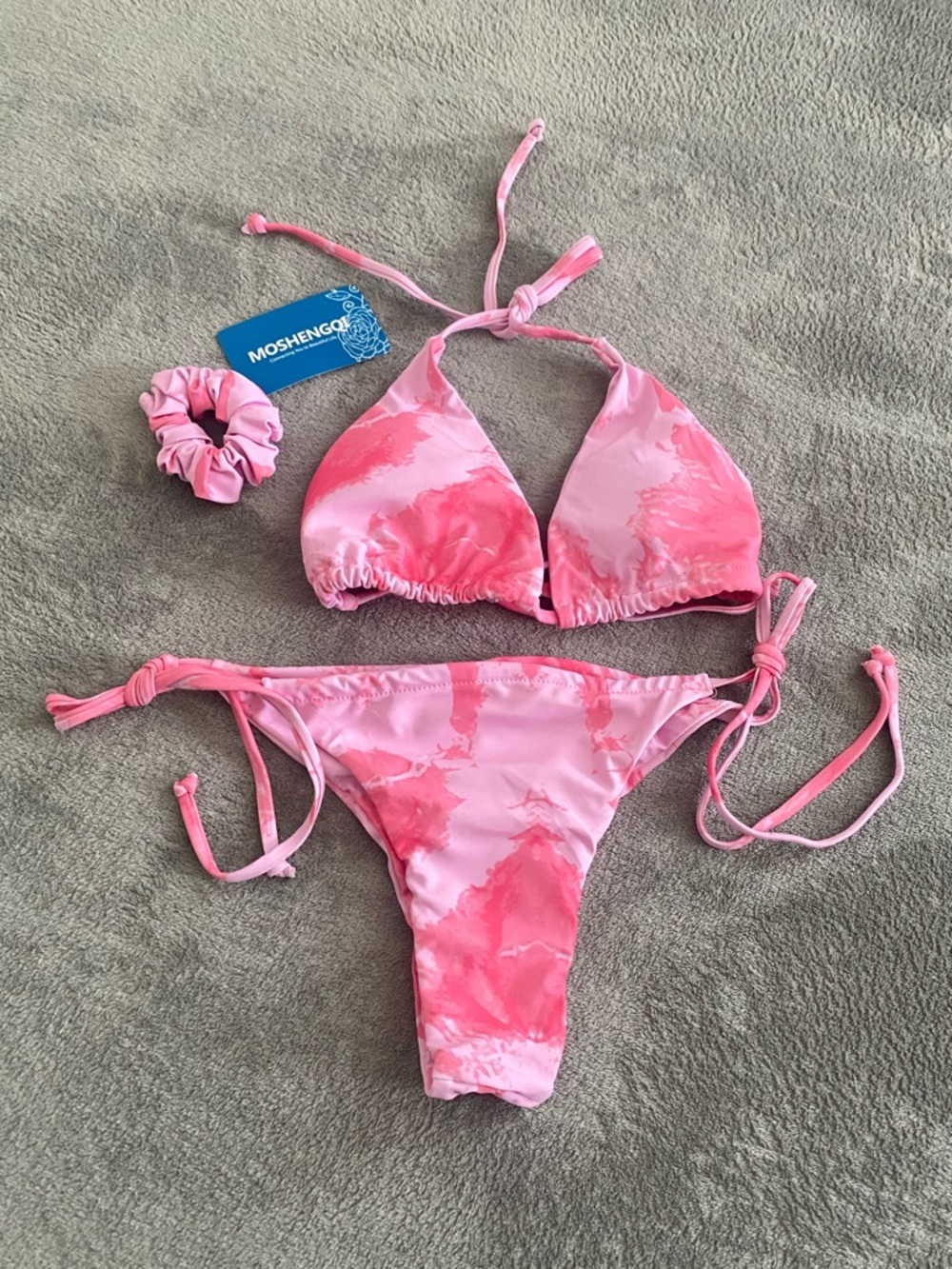 Pink Tie Dye Bikini Set M Adjustable String + Scrunchie